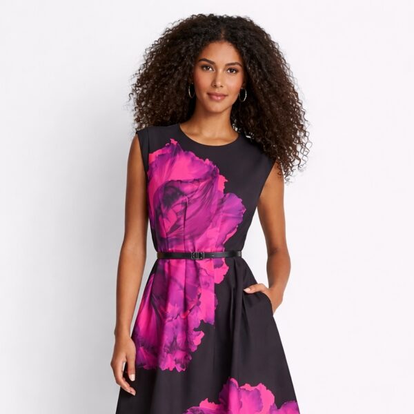 DKNY Women’s Sleeveless Jewel Neck Fit and Flare Midi Dress