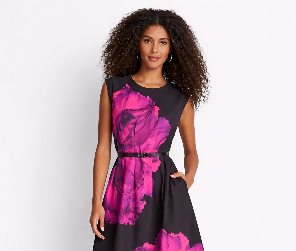 DKNY Women’s Sleeveless Jewel Neck Fit and Flare Midi Dress