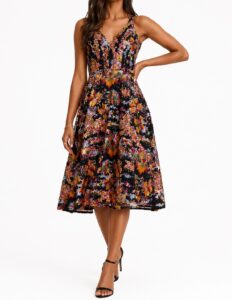 Elisa Sequin Embellished Embroidered Fit & Flare Dress