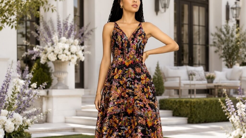 Elisa Sequin Embellished Embroidered Fit & Flare Dress