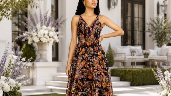 Elisa Sequin Embellished Embroidered Fit & Flare Dress