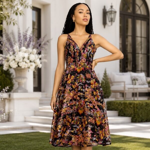 Elisa Sequin Embellished Embroidered Fit & Flare Dress