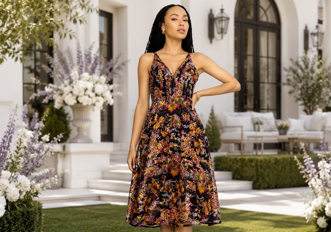 Elisa Sequin Embellished Embroidered Fit & Flare Dress