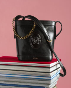 Versace Black Pivot Mini Leather Bucket Bag